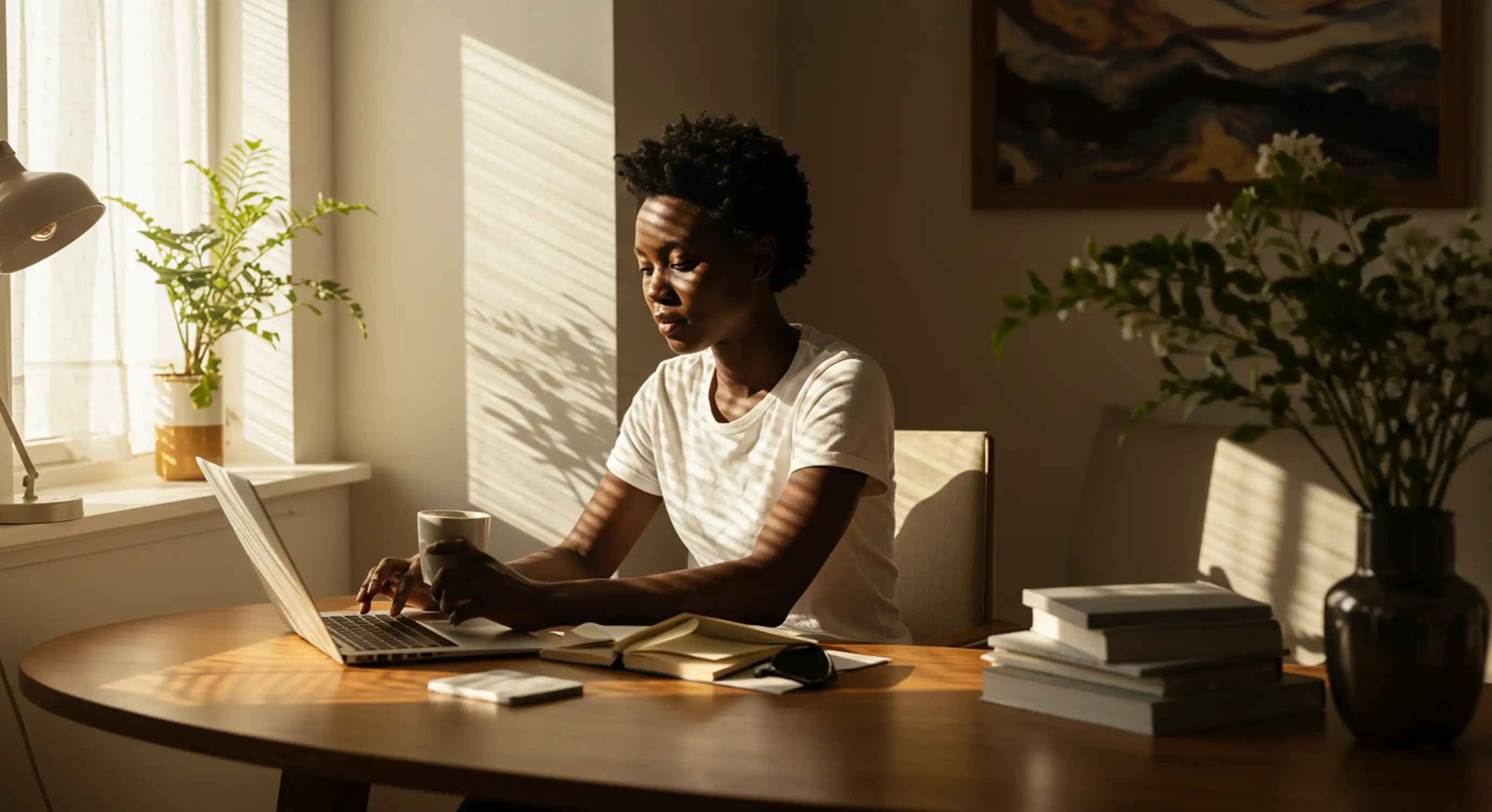 a woman working from her home office.